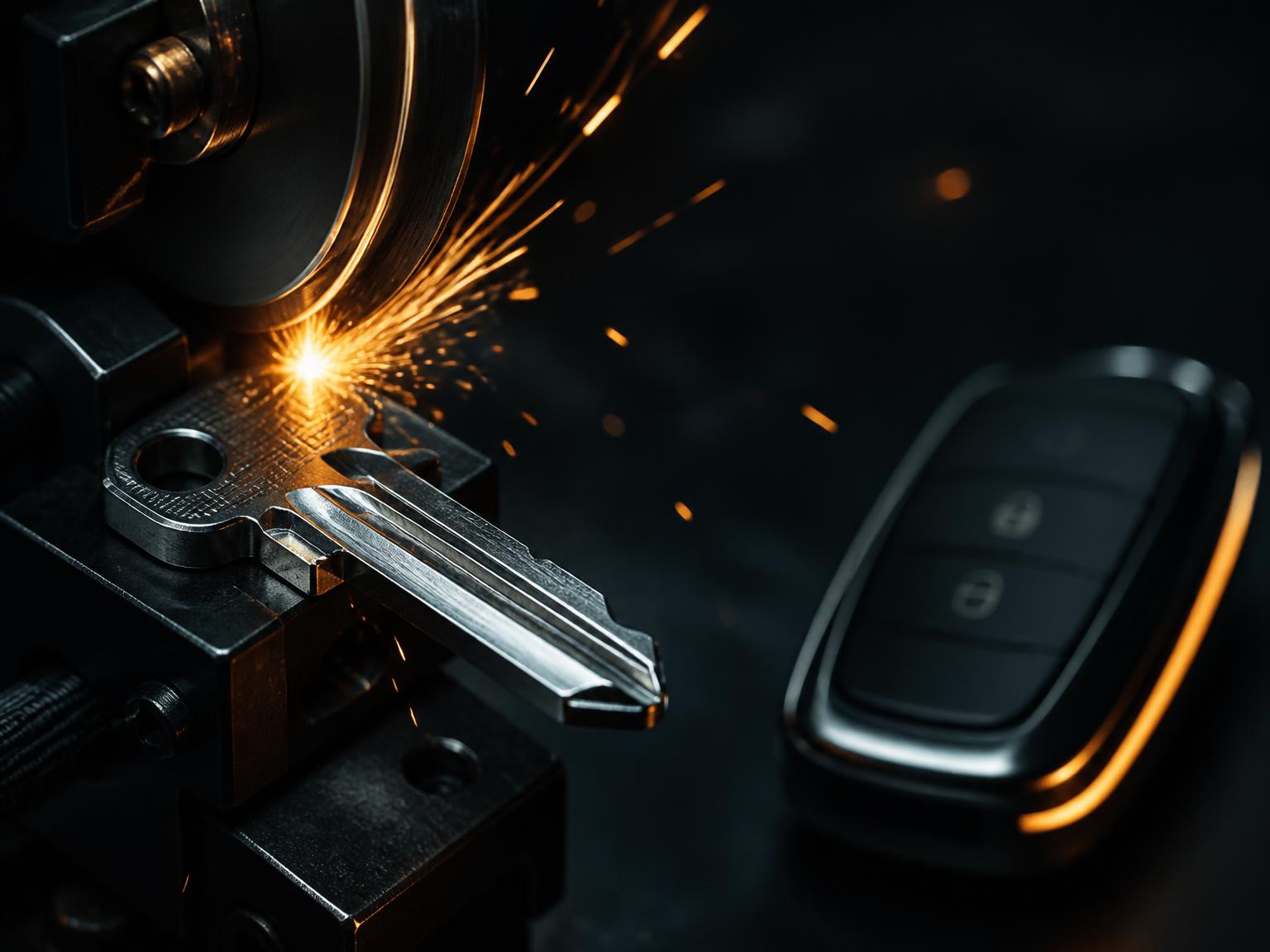 Car key blank being cut on a precision machine with amber sparks, beside a black car key fob